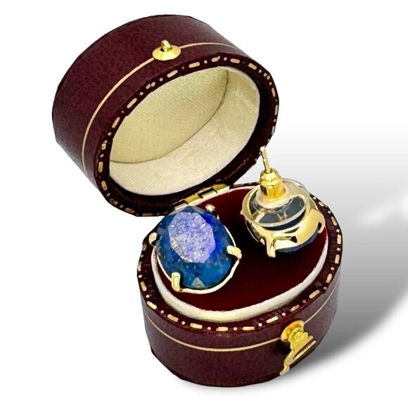 NWT Oval Stud Earrings Natural Lapis Lazuli 18K Gold Plated Setting - Picture 8 of 12